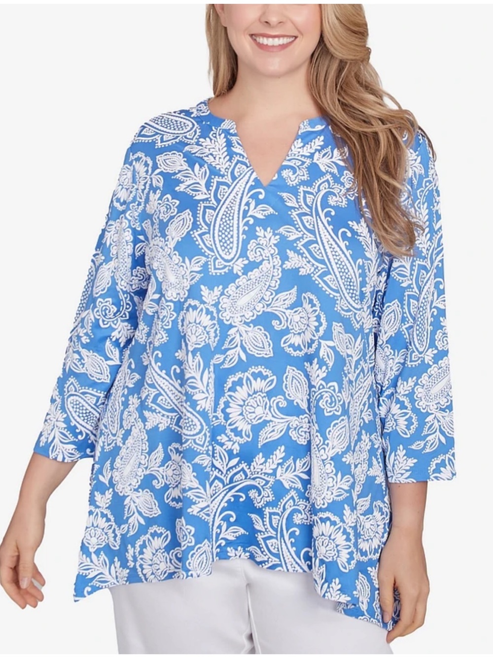 Ruby Rd. Blue & White Paisley Split-Neck Tunic
